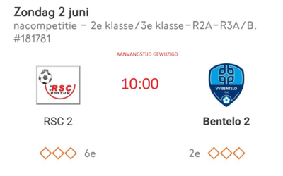 Nacompetie wedstrijd Bentelo 2 a.s Zondag tegen RSC Rossum 2 10:00 uur
